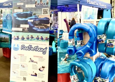 Blue pool float loungers displayed at booth